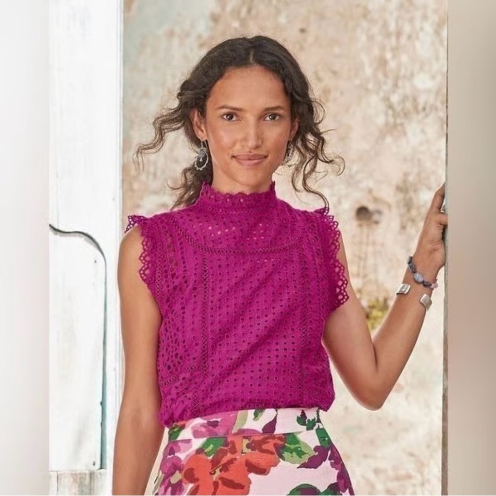 Sundance Lyra Eyelet Top Pink Fuchsia 2-Piece Sleeveless Blouse Cotton NWT Large